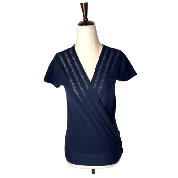 Theory Sweater Women XS Navy Blue Wool Knit Wrap Fringe Detail Luxury Preppy - Picture 1 of 10